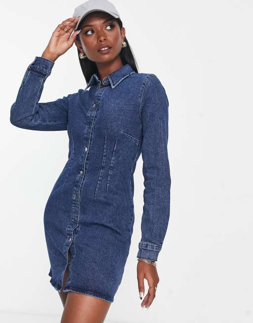 ASOS DESIGN - Denim overhemdjurk in middenblauw