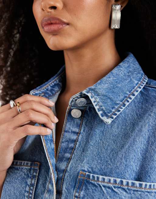 ASOS DESIGN - Denim overhemdjurk met korte mouwen in mid-wash blauw, 3 van 4