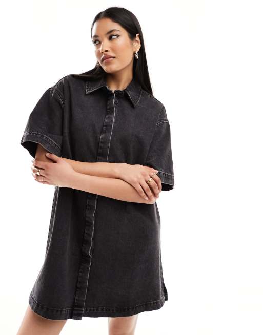 ASOS DESIGN - Denim overhemdjurk met korte mouwen in zwart met wassing, 3 van 4