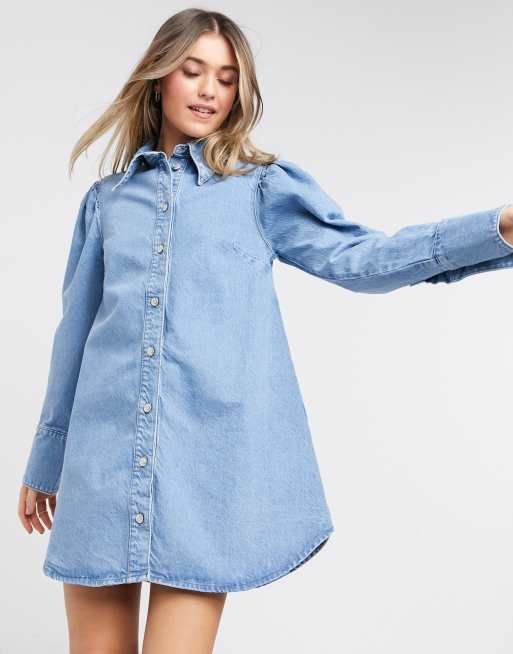 ASOS DESIGN Denim overhemdjurk met pofmouwen in midwash