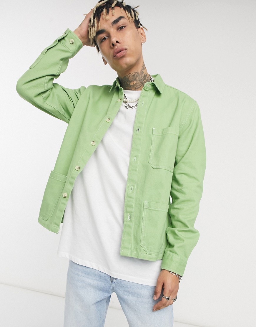 ASOS DESIGN denim overshirt in green with pockets and contrast stitch