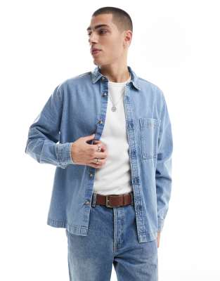 ASOS DESIGN denim overshirt with contrast top stitching in blue φωτογραφία