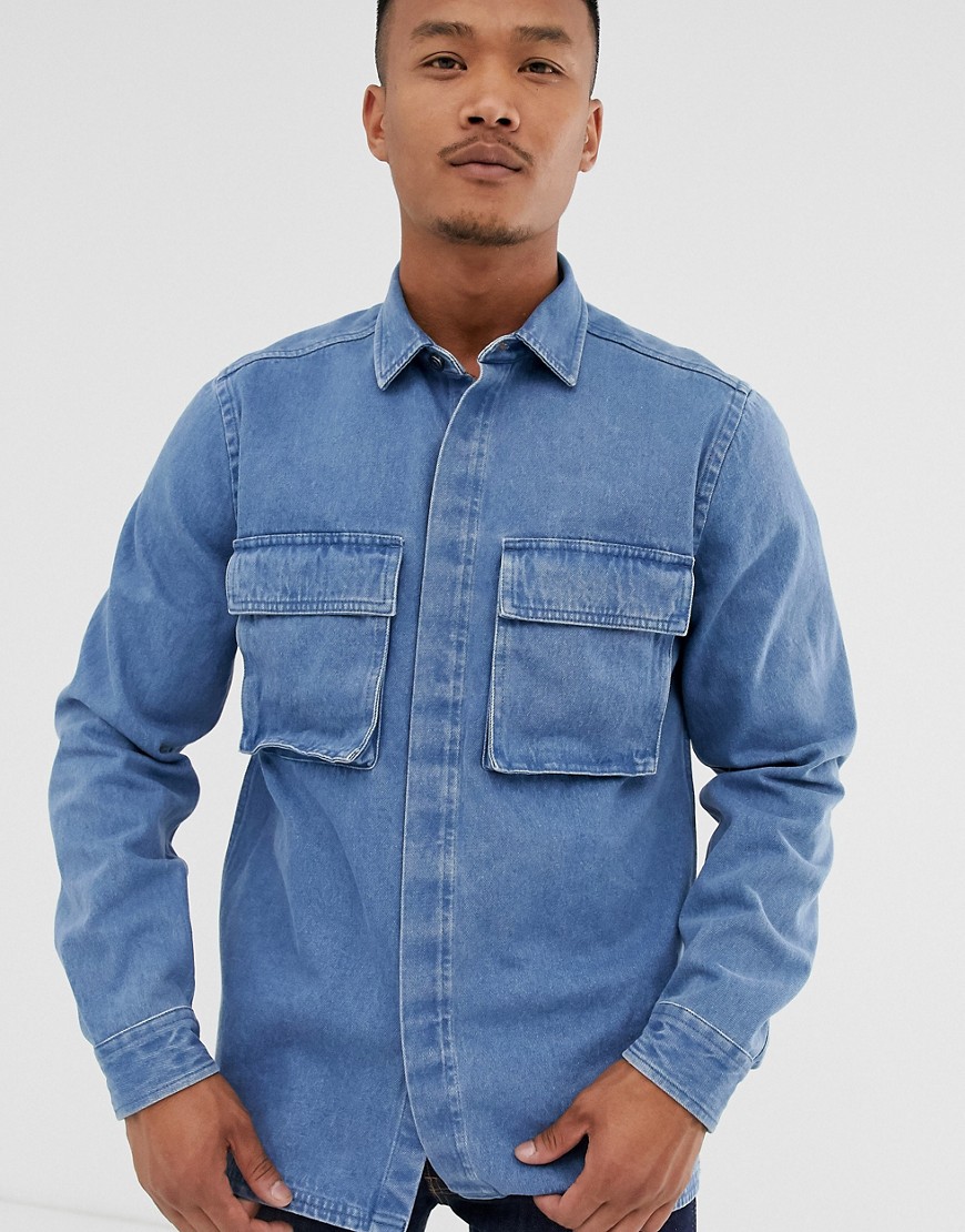ASOS DESIGN denim overshirt with double pockets in mid wash-Blue