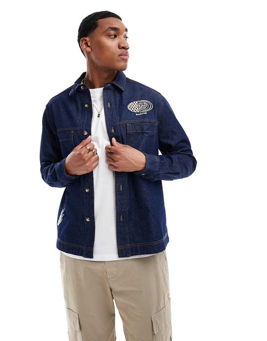 denim overshirt with racing embroidery in indigo blue