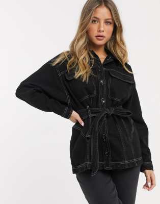 belted denim jacket black