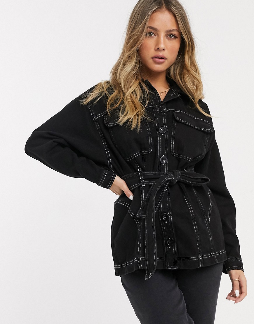 ASOS DESIGN denim oversized belted heavy shirt in black with contrast stitch