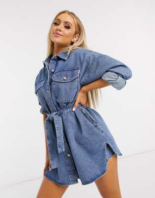 ASOS DESIGN denim oversized shirt dress in beige