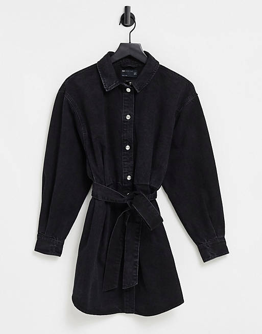  denim oversized belted shirt dress in washed black 