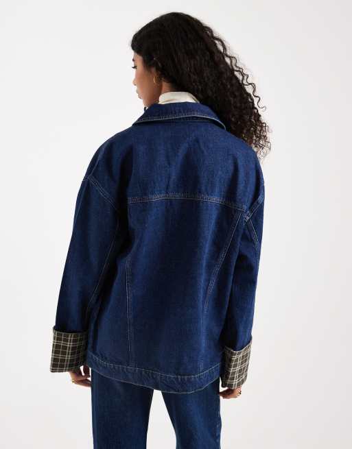 ASOS DESIGN denim oversized jacket with check print cuff detail in indigo, 2 of 4