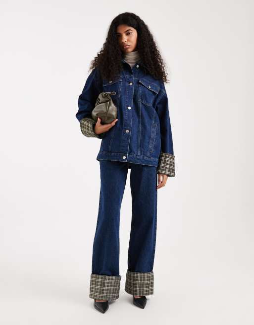 ASOS DESIGN denim oversized jacket with check print cuff detail in indigo, 4 of 4