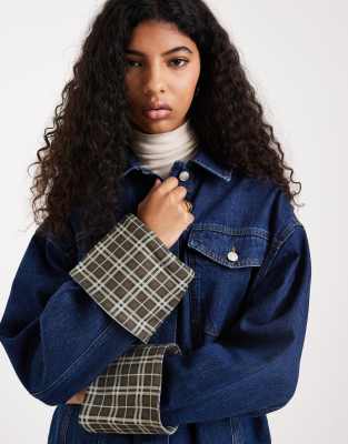 Asos Design Denim Oversized Jacket With Plaid Print Cuff Detail In Blue