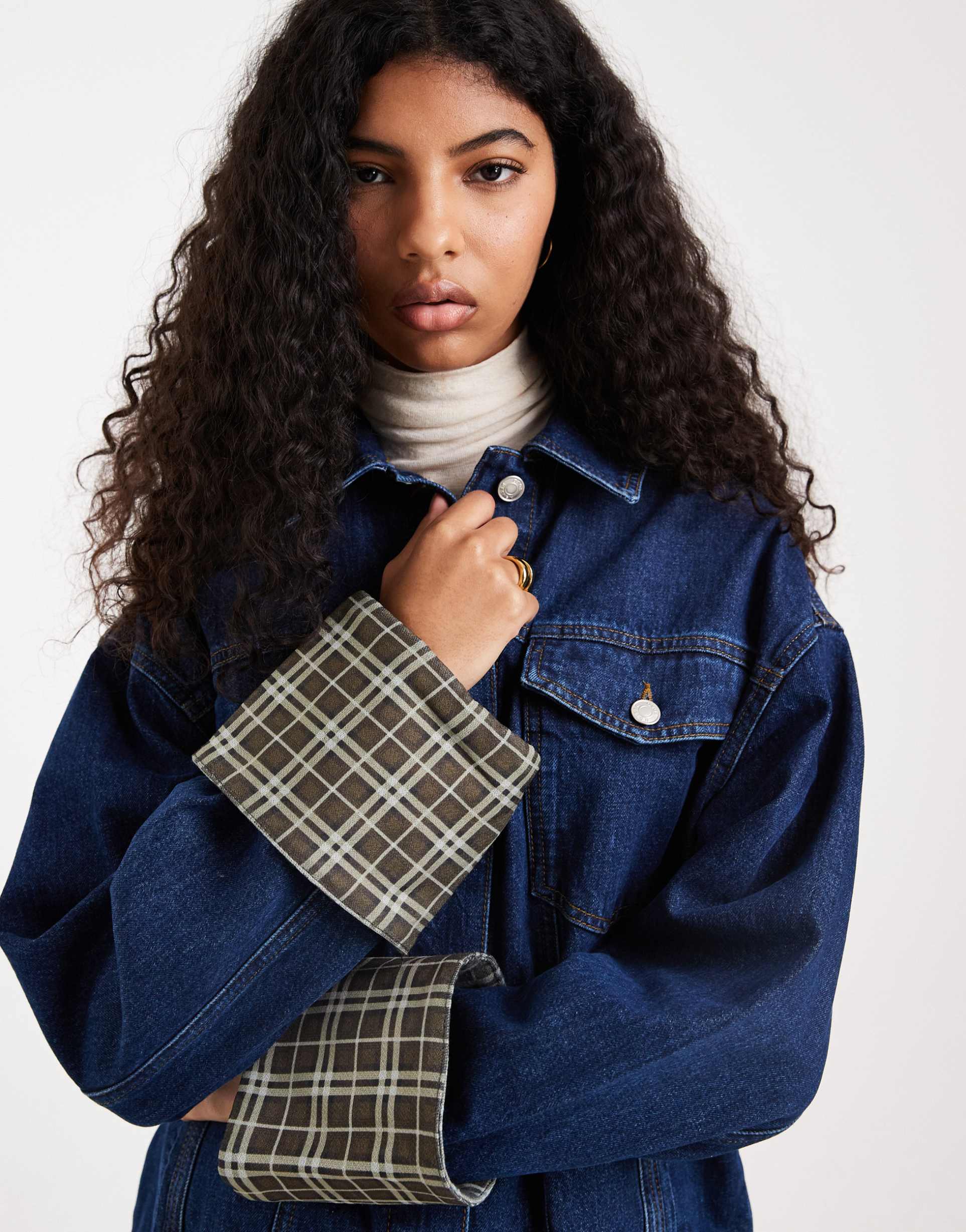 asos design denim oversized jacket with plaid print cuff detail in indigo
