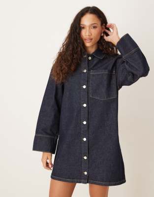 ASOS DESIGN denim oversized long sleeve shirt dress in rinse wash-Blue