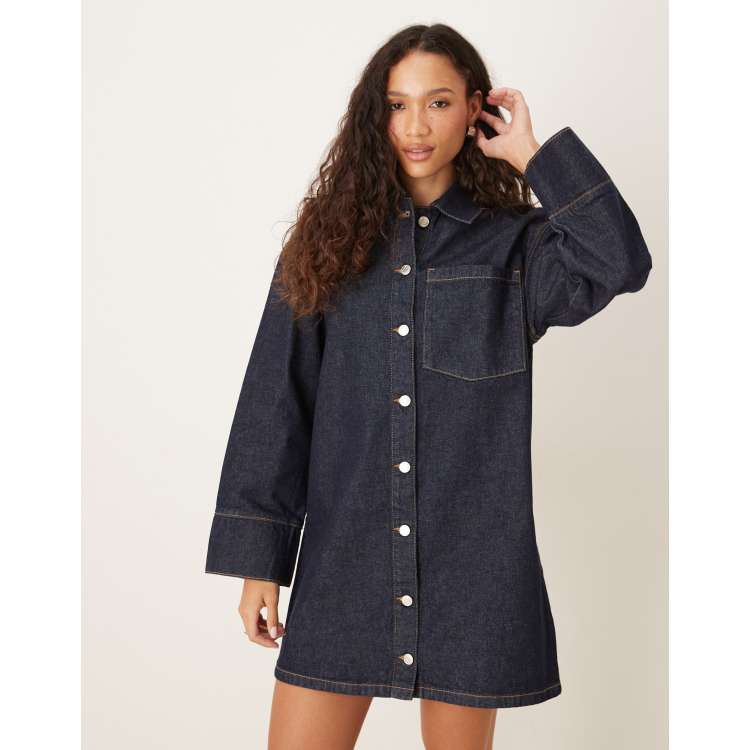 asos denim dress long sleeve ASOS Design Denim Oversized Long Sleeve Shirt Dress in rinse wash-Blue