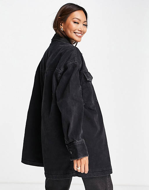 Coats & Jackets denim oversized shacket in washed black with borg lining 