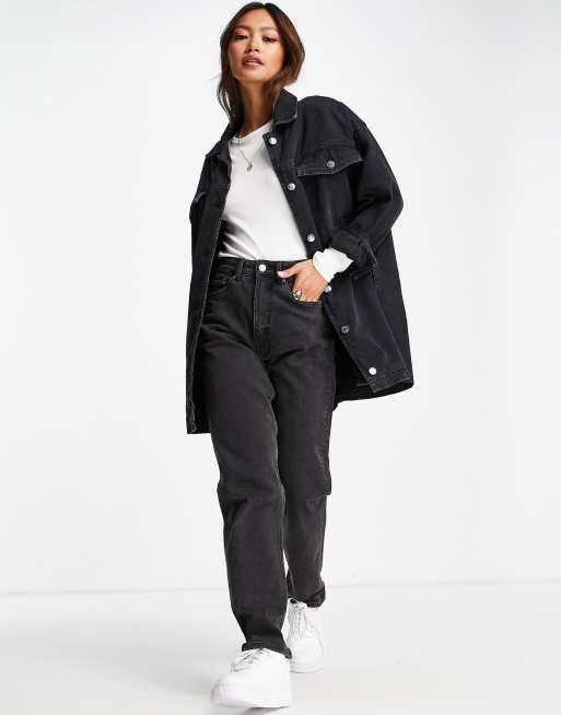 ASOS DESIGN denim oversized shacket in washed black with sherpa lining ...