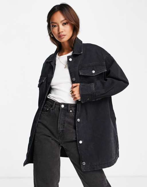 ASOS DESIGN denim oversized shacket in washed black with sherpa lining ...