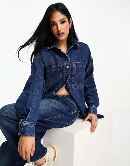 Bershka corset detail denim jacket in mid blue