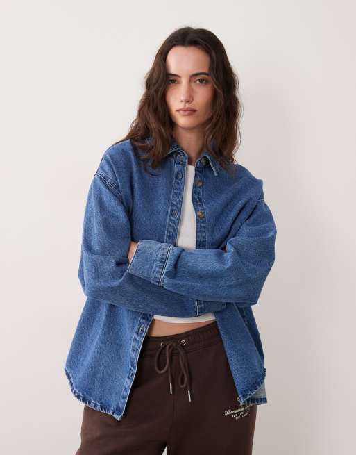 ASOS DESIGN denim oversized shirt in mid blue, 2 of 4