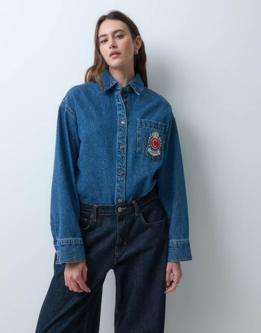 ASOS DESIGN denim oversized shirt with embroidery detail in rich blue, 2 of 5