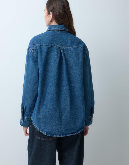 ASOS DESIGN denim oversized shirt with embroidery detail in rich blue, 3 of 5