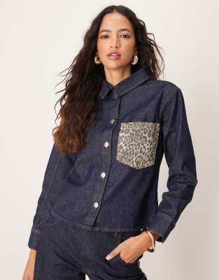 Asos Design Denim Oversized Shirt With Leopard Print Pocket In Indigo-blue