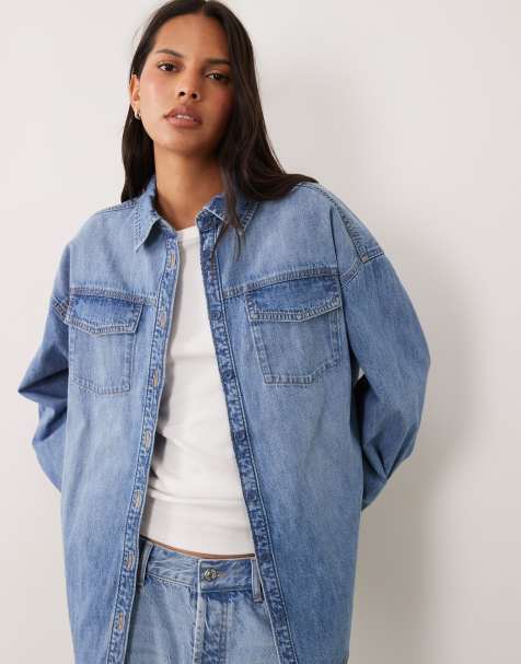 ASOS DESIGN denim oversized traditional shirt in mid blue - view 1