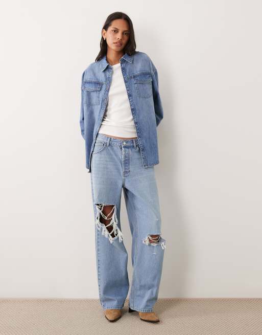 ASOS DESIGN denim oversized traditional shirt in mid blue, 2 of 4