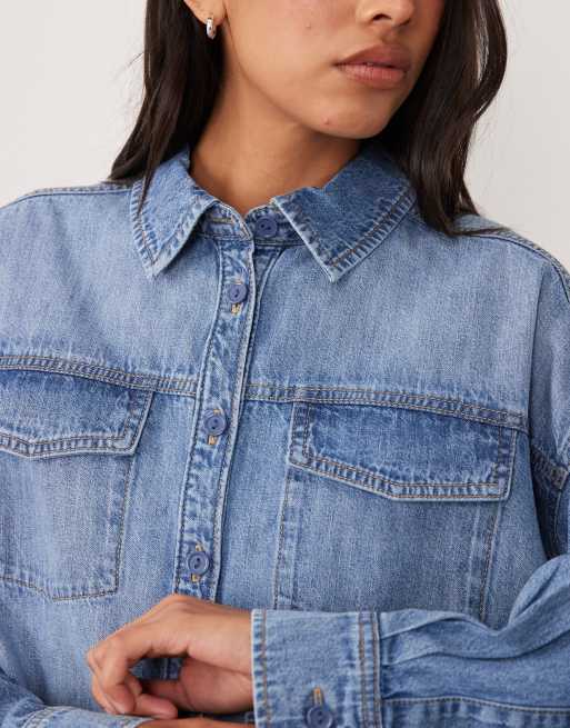 ASOS DESIGN denim oversized traditional shirt in mid blue, 3 of 4