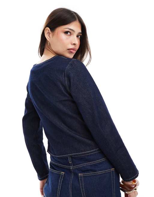 ASOS DESIGN - Denim overslagtop met lange mouwen in donker indigo, 2 van 4