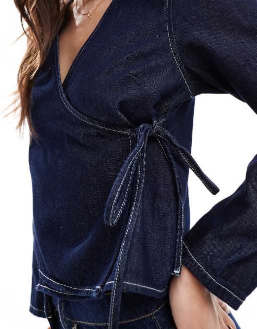 ASOS DESIGN - Denim overslagtop met lange mouwen in donker indigo, 4 van 4