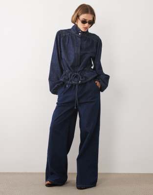 Asos Design Denim Paperbag Waistband Wide Leg In Blue
