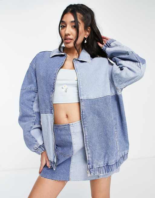 ASOS DESIGN denim patchwork bomber jacket in blue co-ord