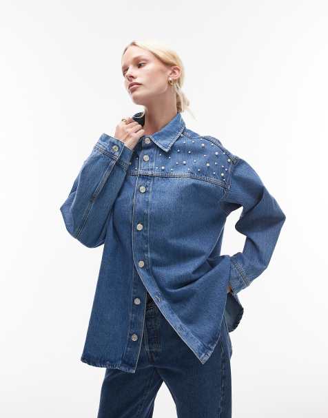 ASOS DESIGN denim pearl detail oversized shirt in mid blue - view 1