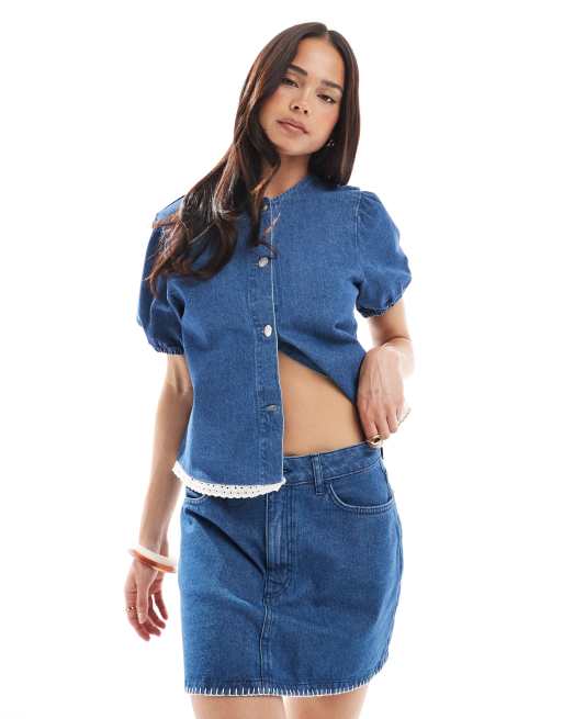 ASOS DESIGN denim pelmet skirt with blanket stitch hem in mid blue, 2 of 5