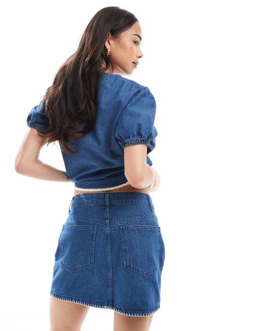ASOS DESIGN denim pelmet skirt with blanket stitch hem in mid blue, 4 of 5
