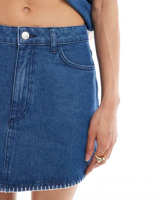 ASOS DESIGN denim pelmet skirt with blanket stitch hem in mid blue, 5 of 5