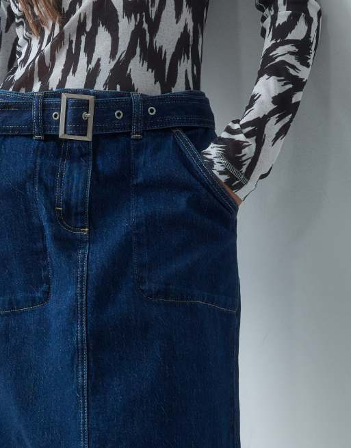 ASOS DESIGN denim pencilnederdel med bælte fra 90'erne i mellemblå, 2 af 5