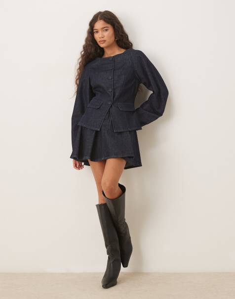 ASOS DESIGN denim peplum jacket with button detail and pleat mini skirt in dark mid blue - view 1