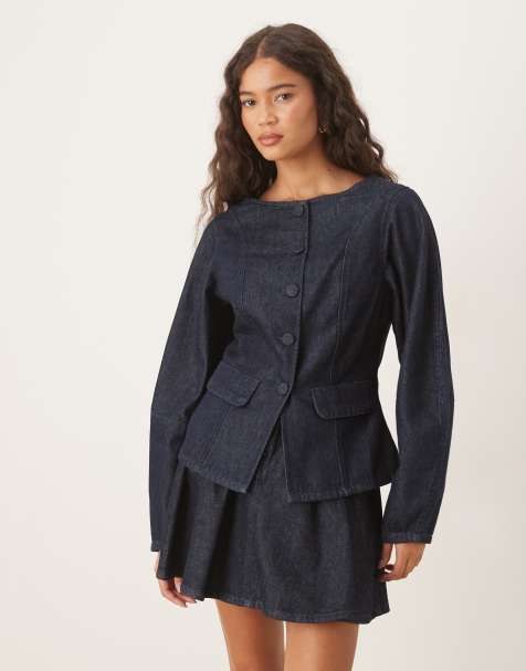 ASOS DESIGN denim peplum jacket with button detail in rinse - view 1