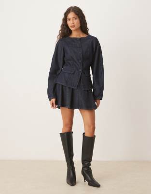Asos Design Denim Peplum Jacket With Button Detail In Blue