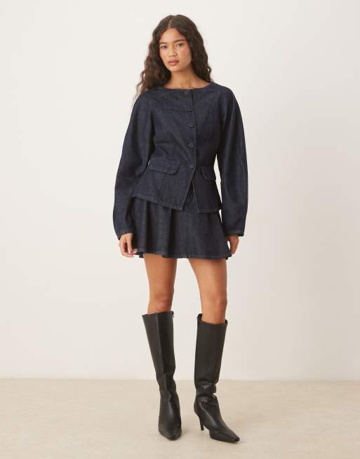 ASOS DESIGN denim peplum jacket with button detail in rinse, 2 of 4