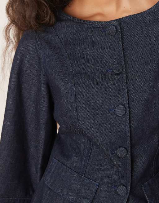 ASOS DESIGN denim peplum jacket with button detail in rinse, 4 of 4