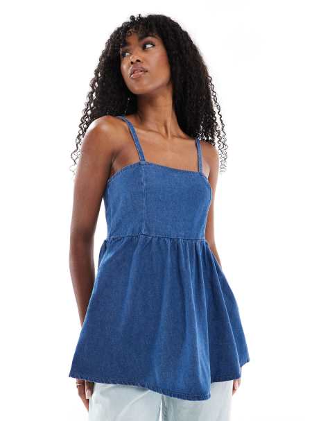 ASOS DESIGN denim peplum long line top in mid blue - view 1