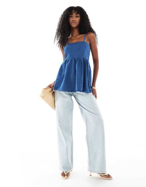 ASOS DESIGN denim peplum long line top in mid blue, 3 of 4