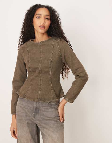ASOS DESIGN denim peplum long sleeve top in olive green - view 1