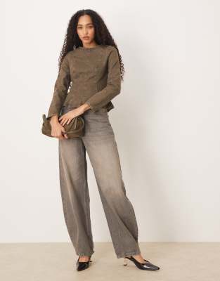 Asos Design Denim Peplum Long Sleeve Top In Green