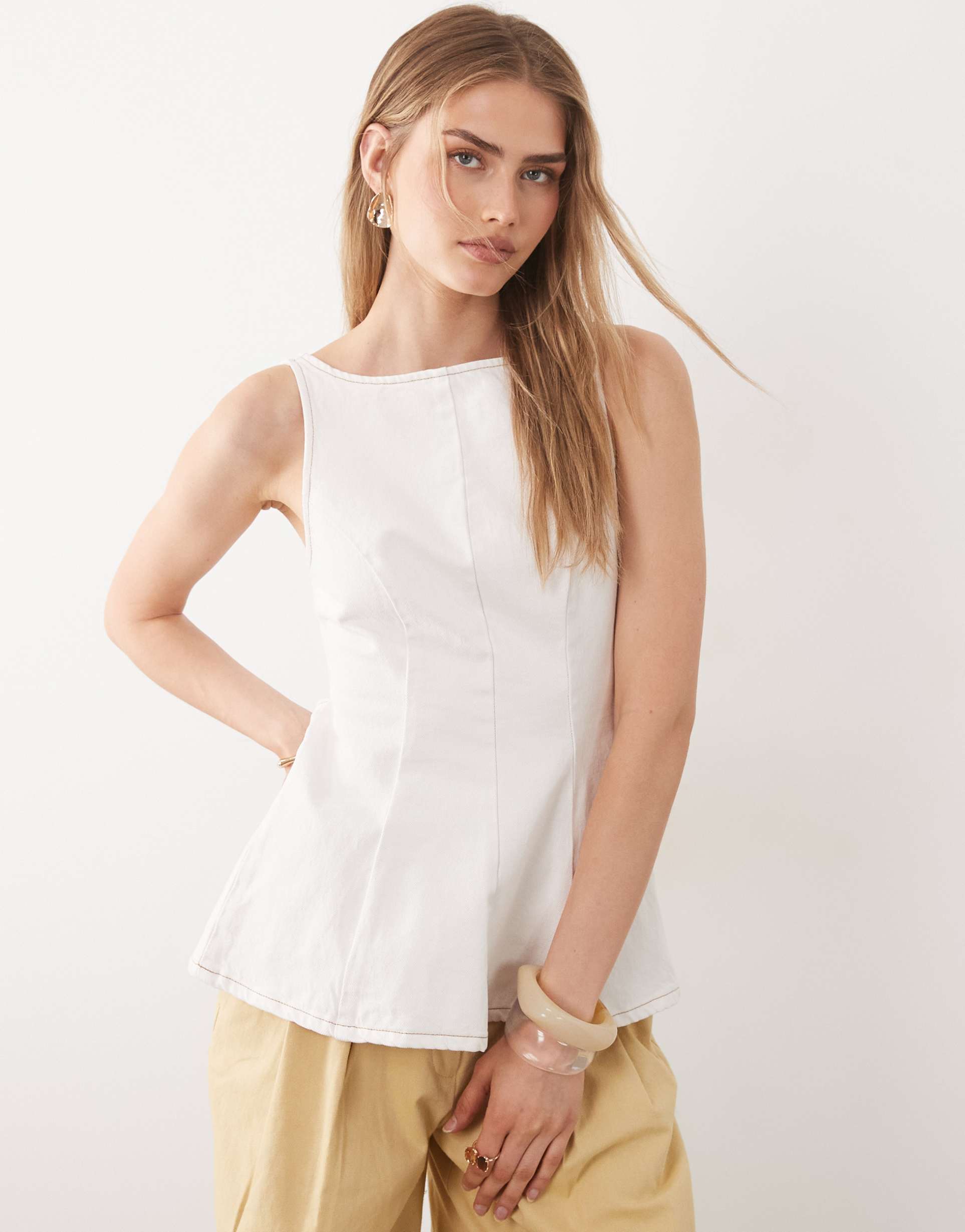 asos design denim peplum top with bow back detail in ecru