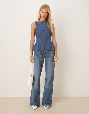 Asos Design Denim Peplum Top-blue