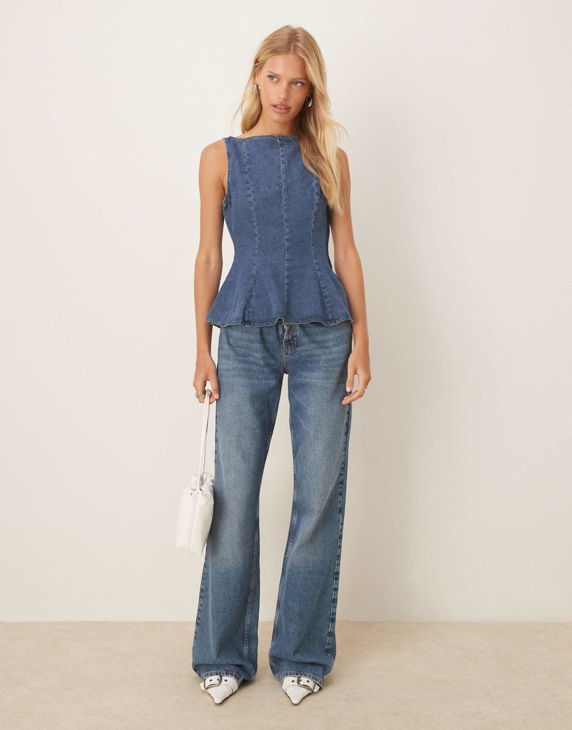 asos design denim peplum top